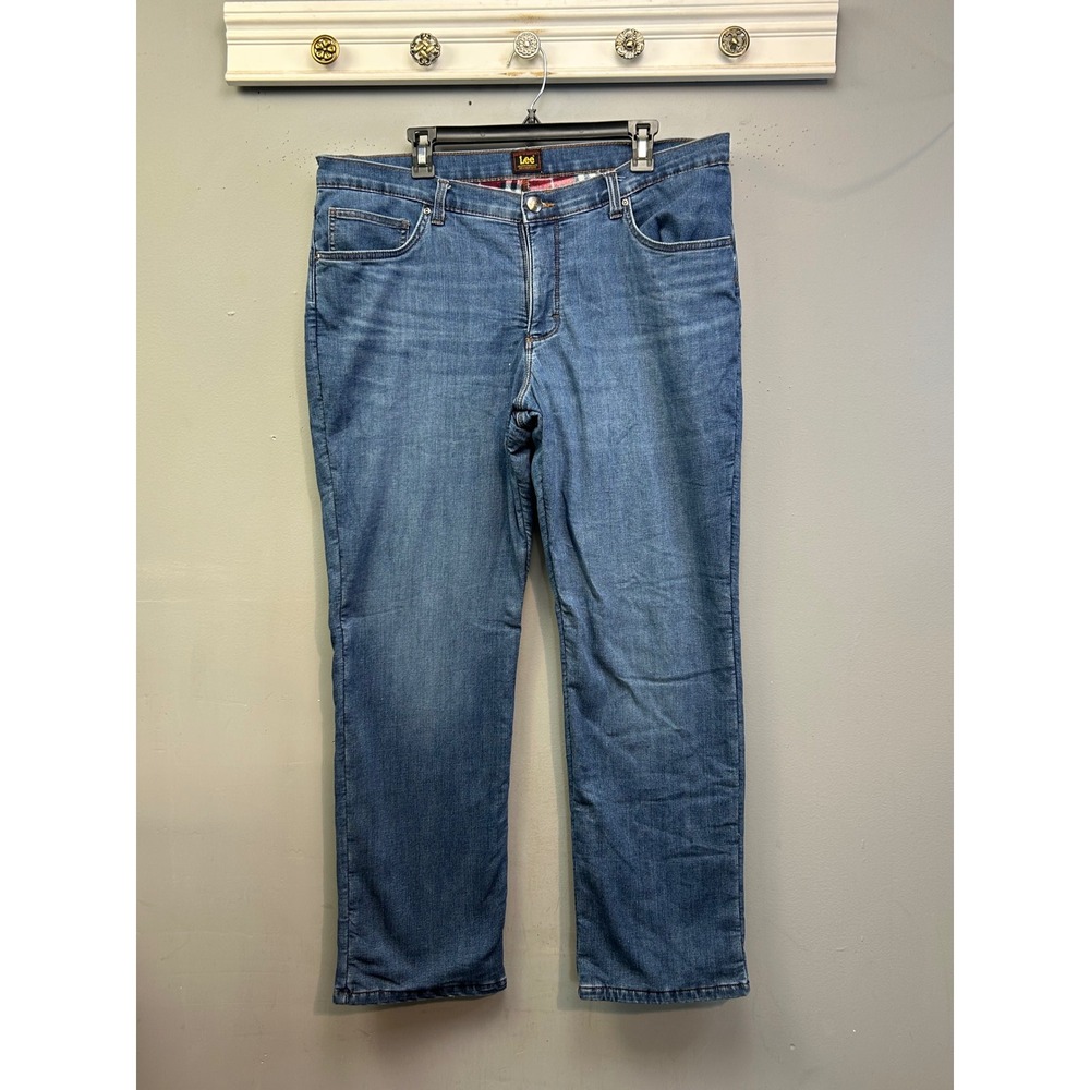 Lee Jeans Women 16M Blue Fleece Lined Straight Leg Plaid Denim Warm Outdoors